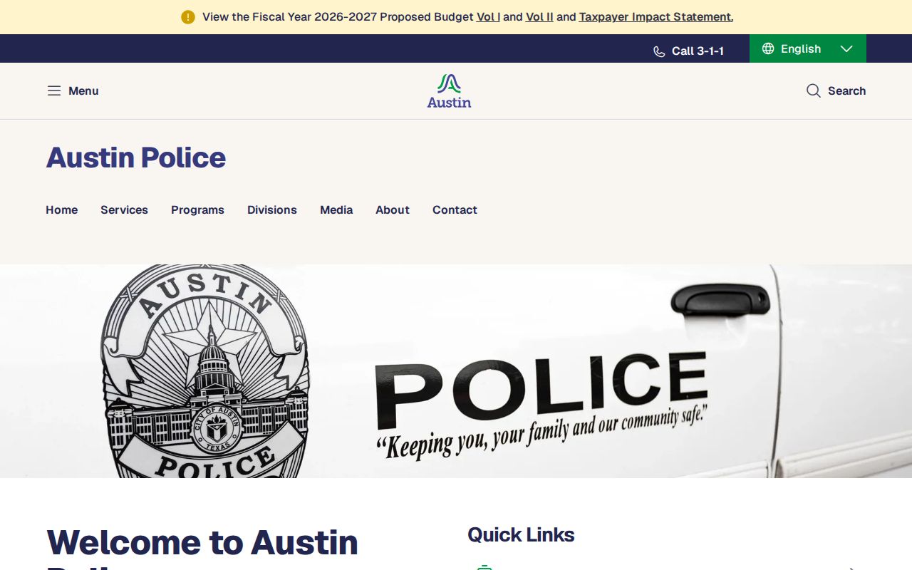 Official Austin Police Department page for city police services