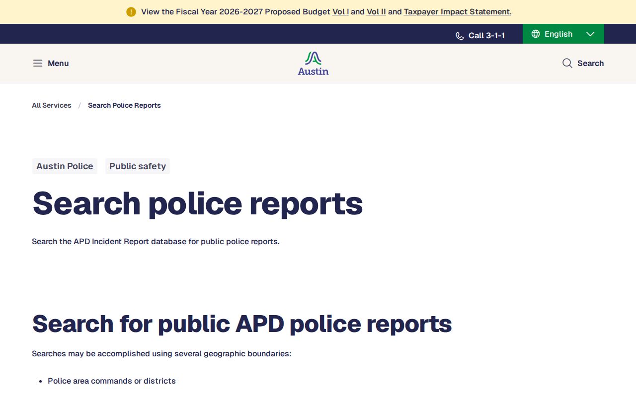 Austin Police incident report search with geographic and case number options