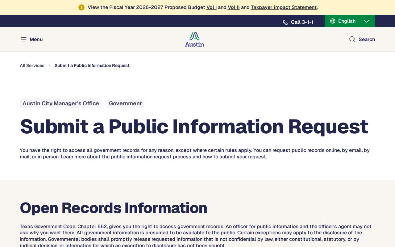 Austin Public Records Center request channels and fee information