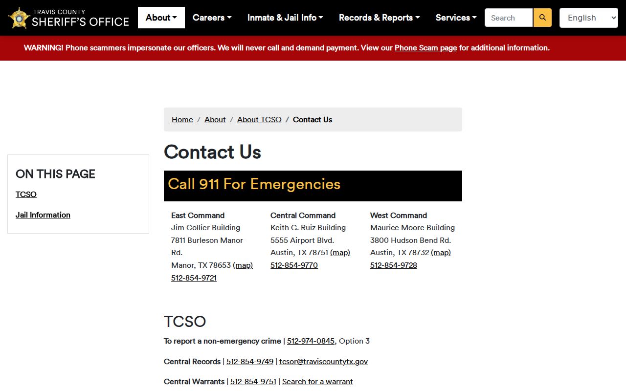 Travis County Sheriff's Office records and warrants contact directory