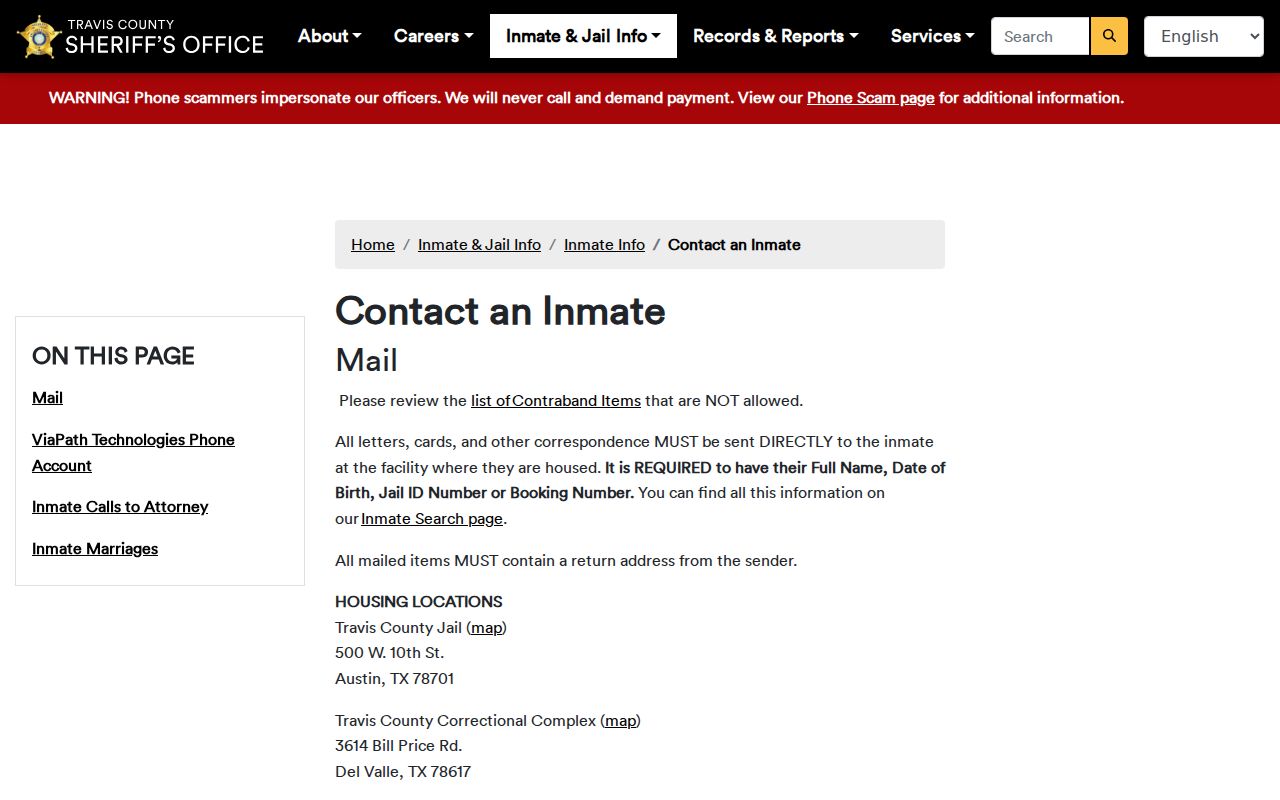 TCSO inmate contact instructions using booking and Jail ID details