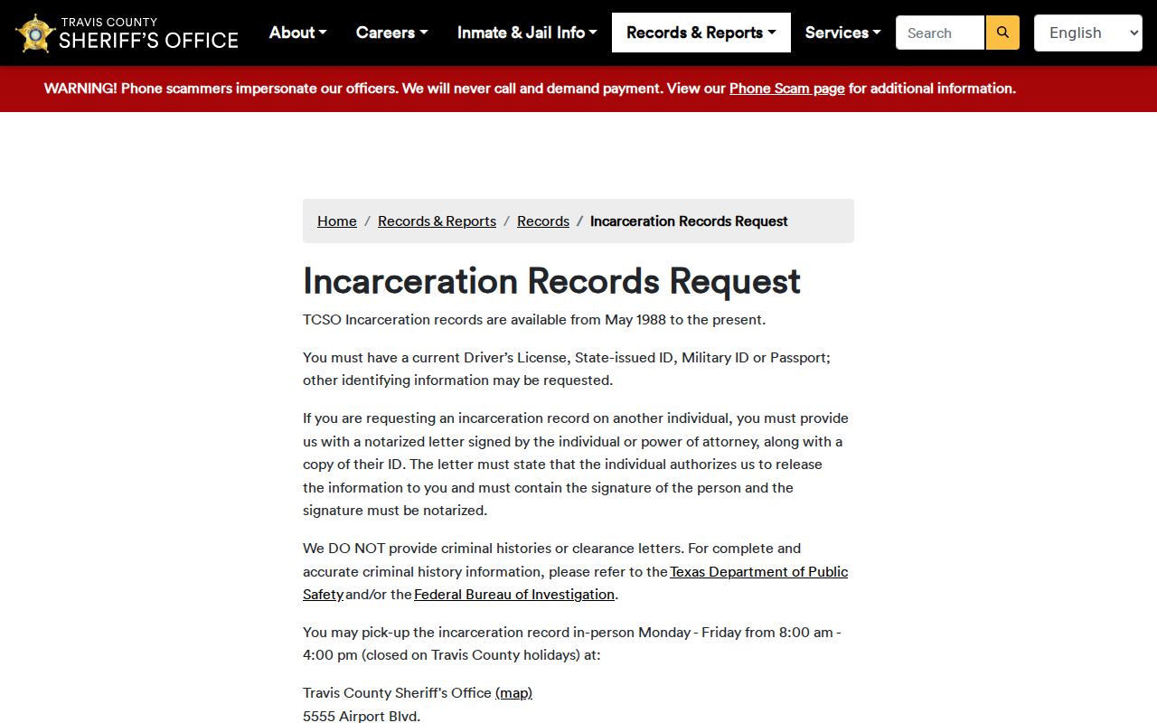 TCSO incarceration record request instructions and requirements