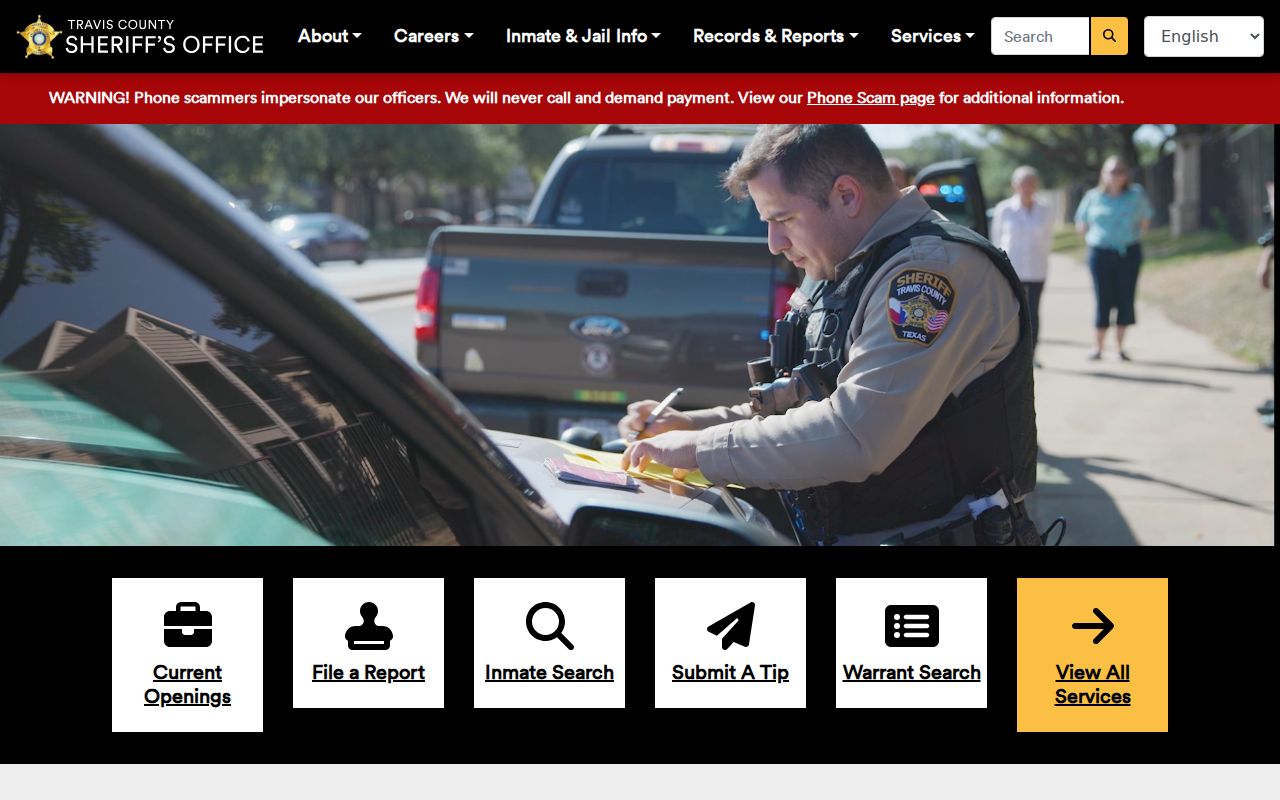 Travis County Sheriff's Office official homepage for arrest and jail record routes