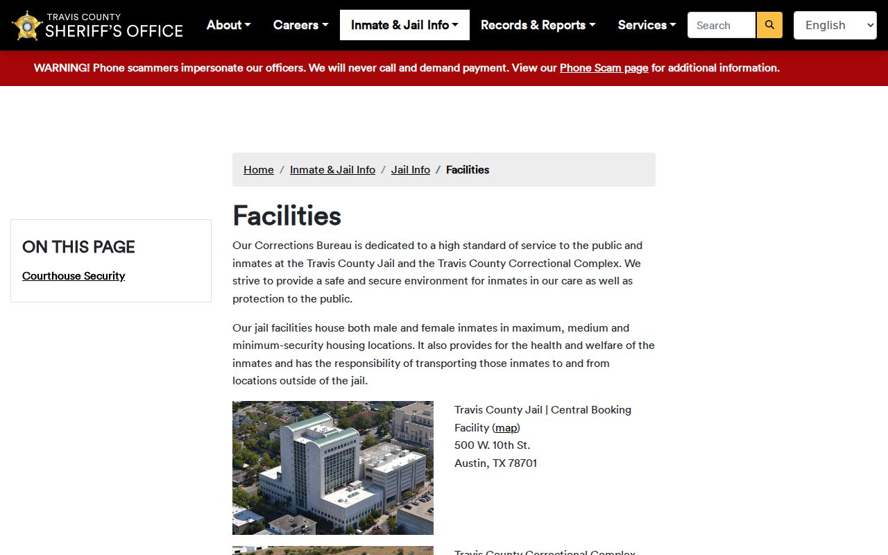 Official Travis County jail facilities page showing county custody locations