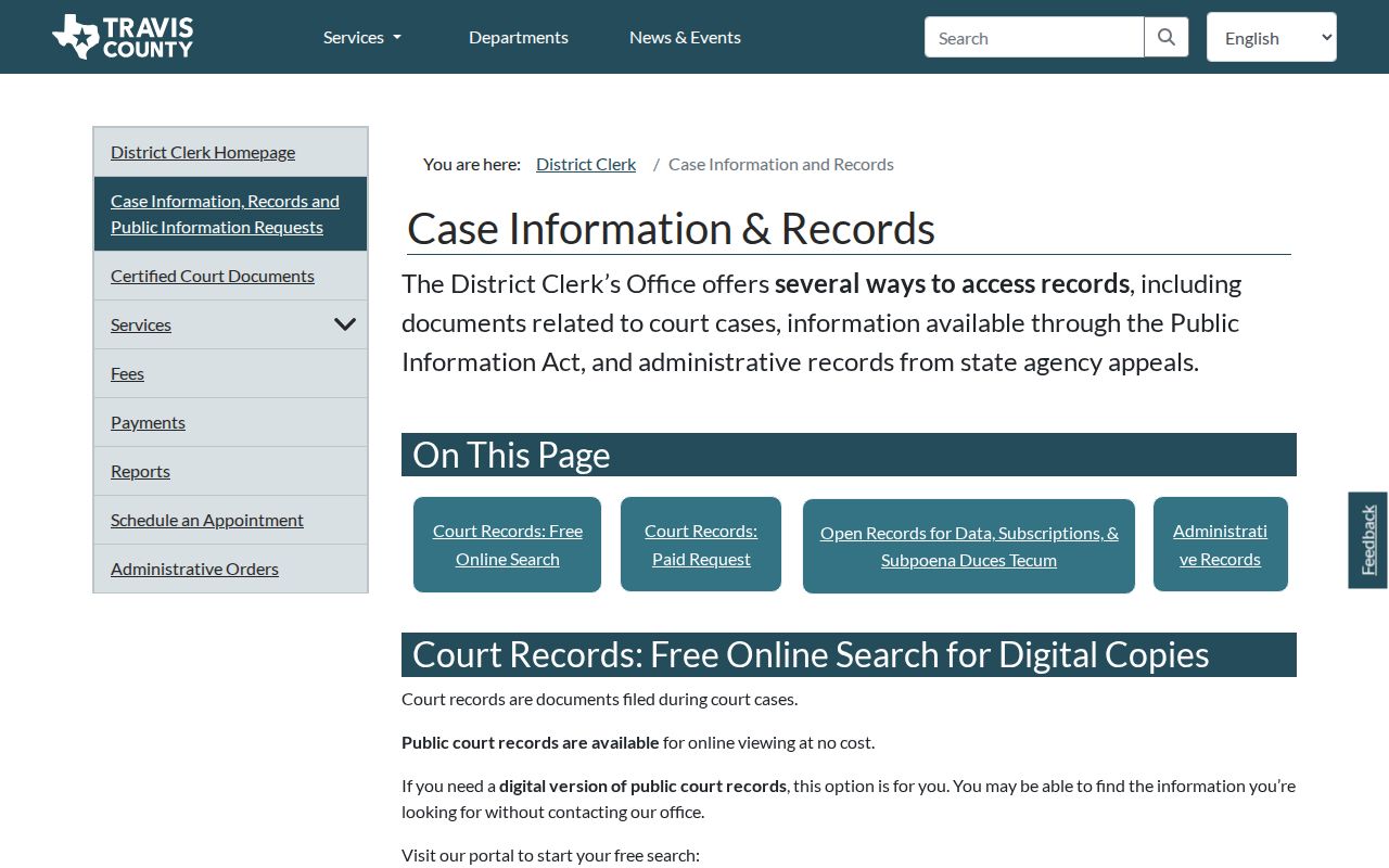 Travis County criminal court case access through the District Clerk