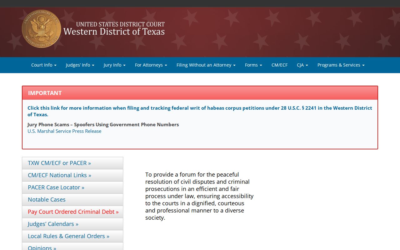 Federal criminal court serving Travis County in Western Texas