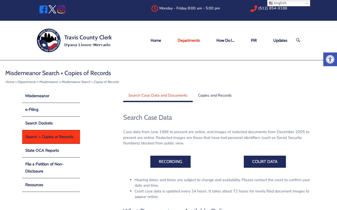 Travis County criminal misdemeanor case search at the County Clerk