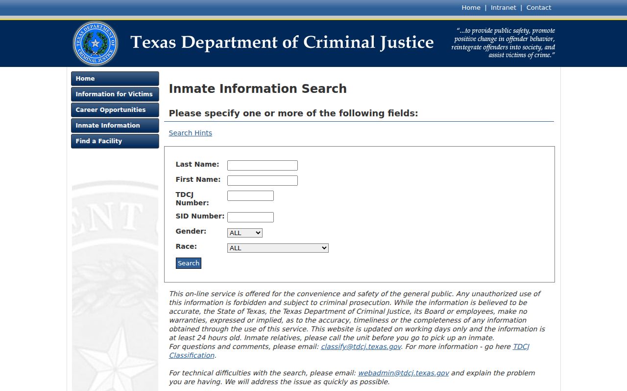 TDCJ inmate locator for Travis County criminal custody records