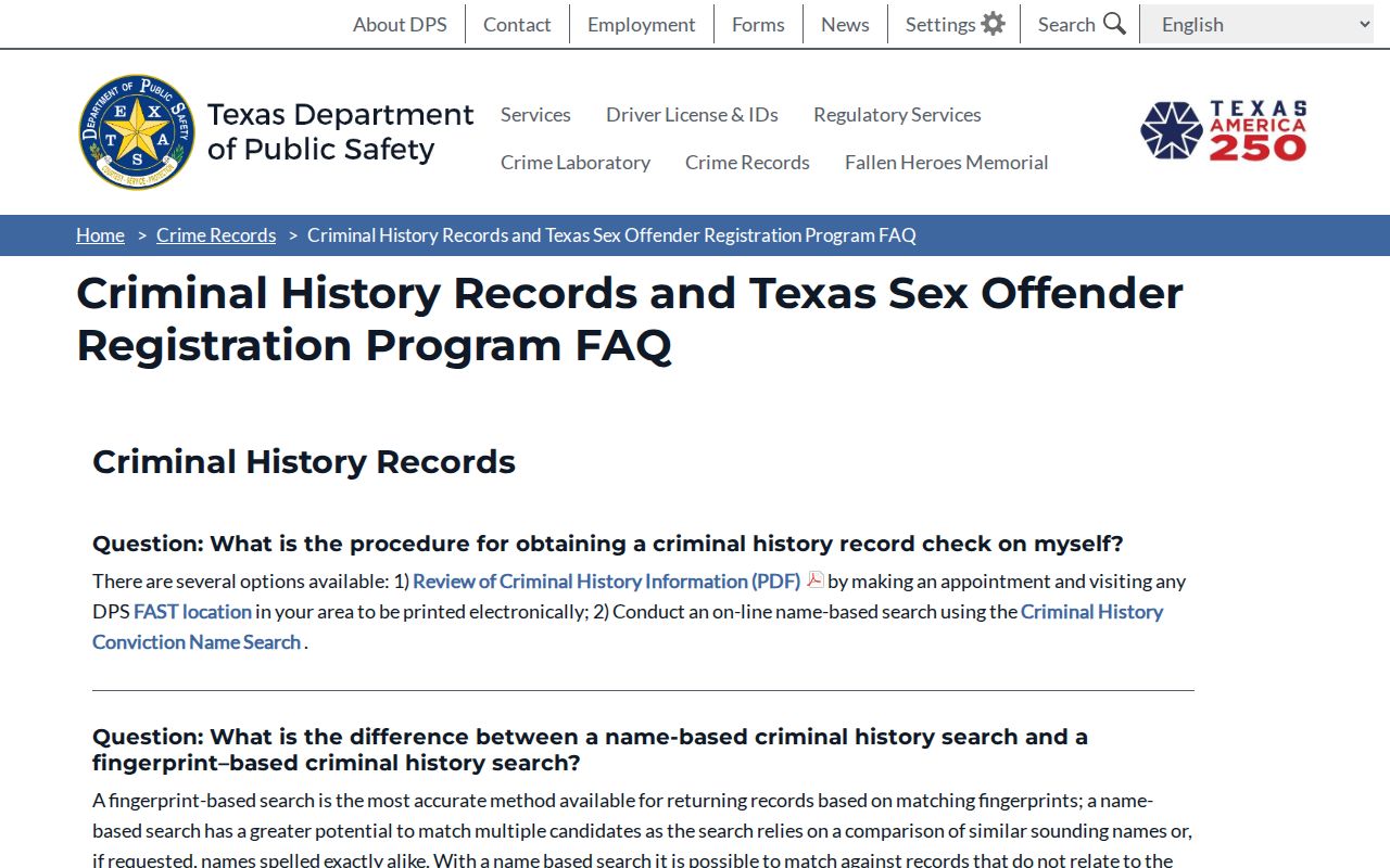 Texas DPS FAQ for Travis County criminal history records