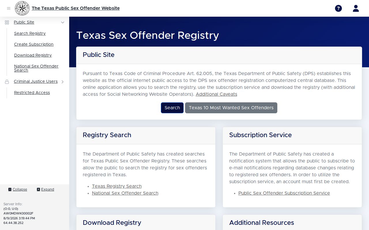 Travis County sex offender registry result and profile interface